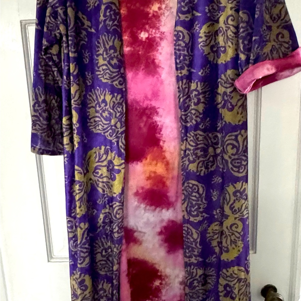 Purple and Gold Patterned Women's Robe - Pink Tie-Dye Lining
